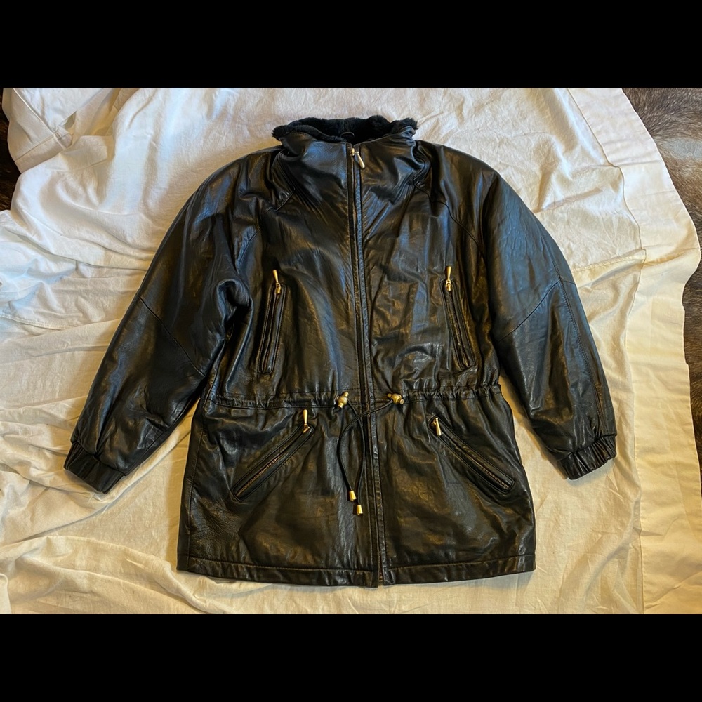 Leather anorak jacket with faux fur collar
